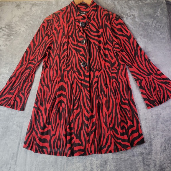 Ali Miles Tops - Ali Miles Red Black Zebra Print Mesh Sheer Tunic Top Bell Sleeve Mock Neck